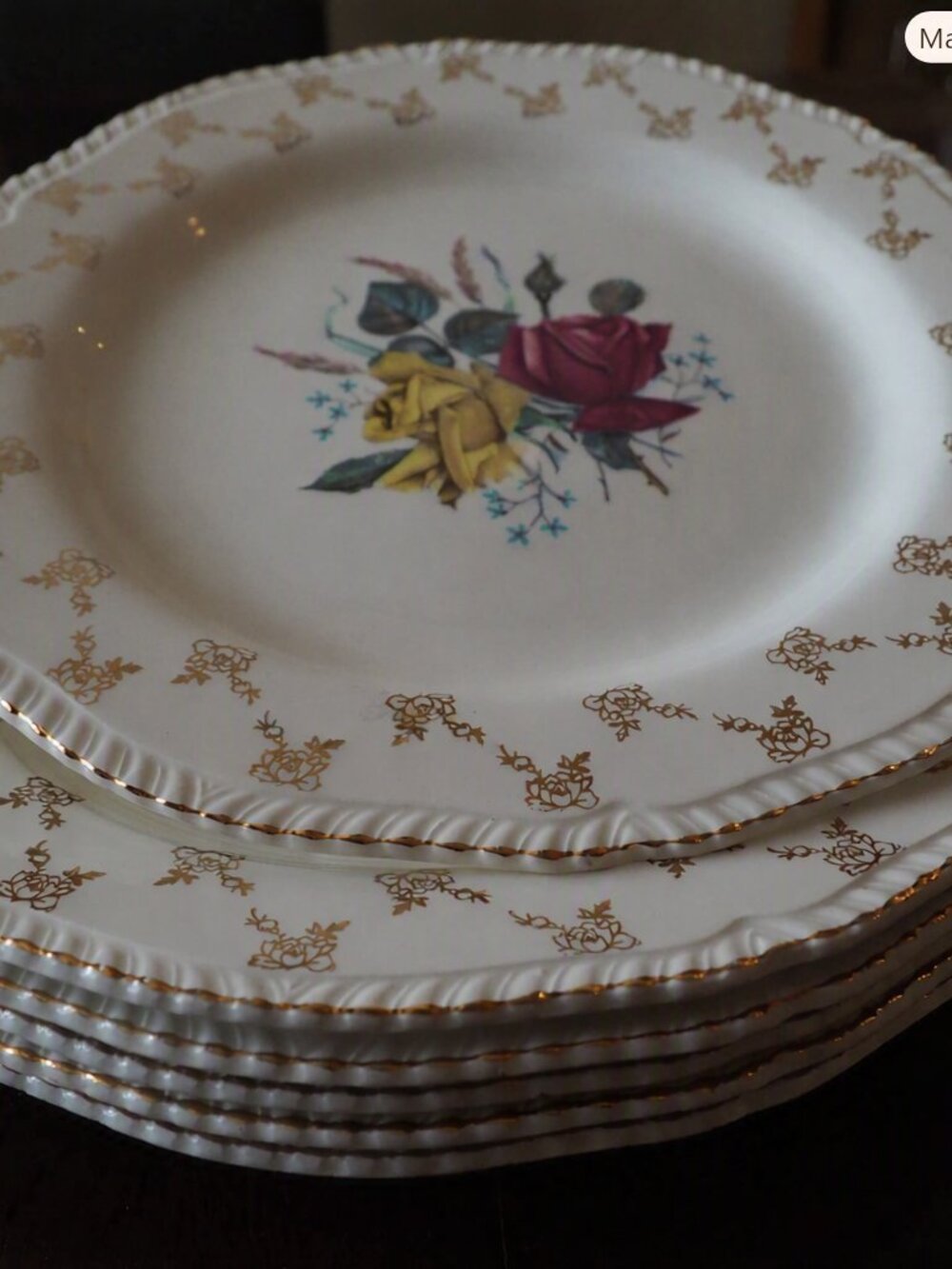 Vintage China Dinner Plates with Roses 22k Gold, Wood & Sons Charmaine Pattern